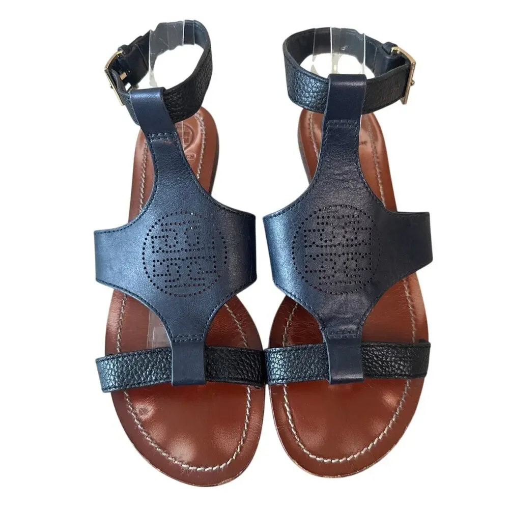 Tory Burch Perforated Logo T-Strap Sandals Navy Black 8
